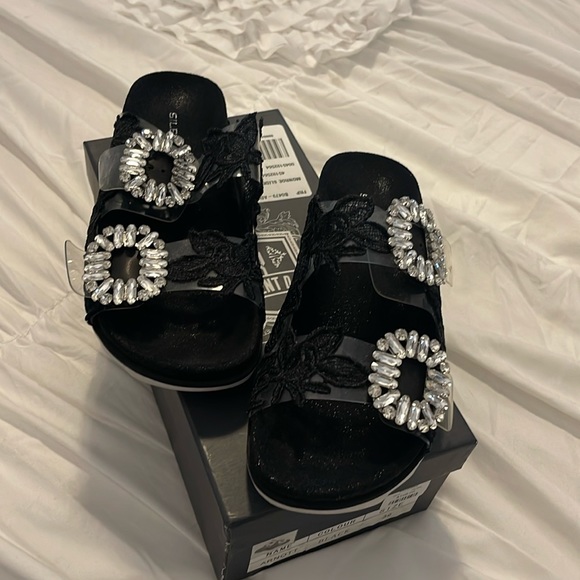 Silent D By Free People Shoes - Silent D lace overlay plastic slides with rhinestone buckles